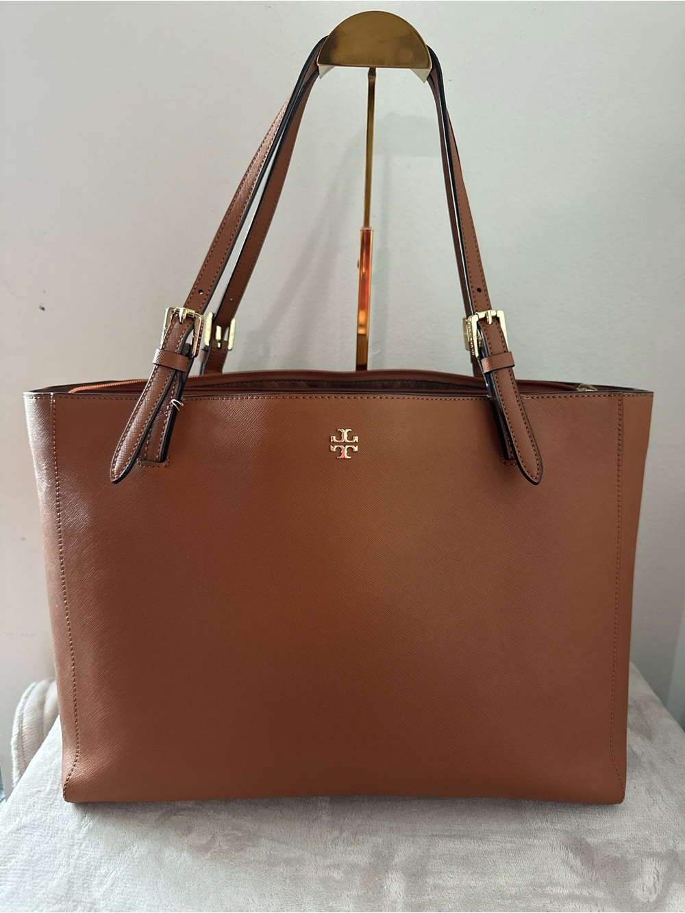 Tory Burch Cognac Leather Double-Handle Tote with Gold Hardware (Extra-Long 19”)
